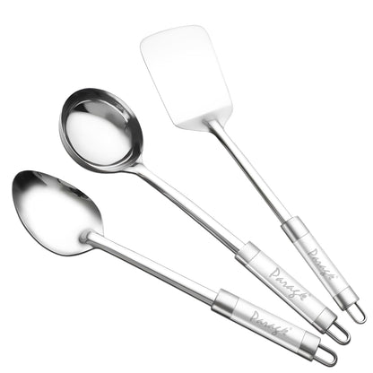 3-Piece Stainless Steel Kitchen Tools Set | Basting Spoon, Ladle & Turner with Dual Tone Handles, Silver Finish - Cooking & Serving