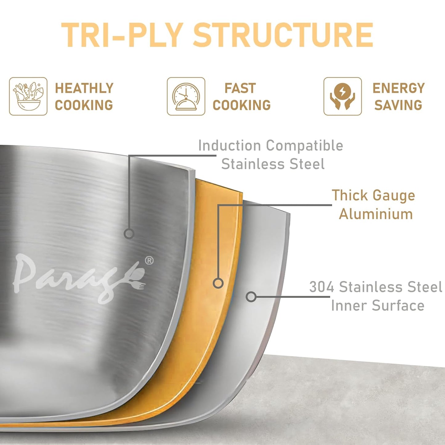 Tripure Triply Stainless Steel Kadai with Lid 26 cm, 3.2L | Induction & Gas Compatible TPKADHAI26CM 4