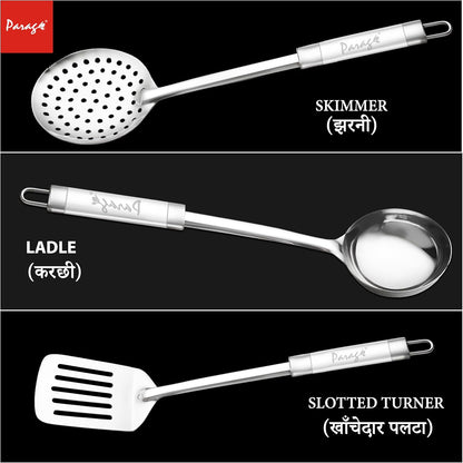 3 Pieces Stainless Steel Kitchen Tool Set for Cooking & Serving - Turner, Skimmer & Ladle with Dual Tone Handle (Silver)