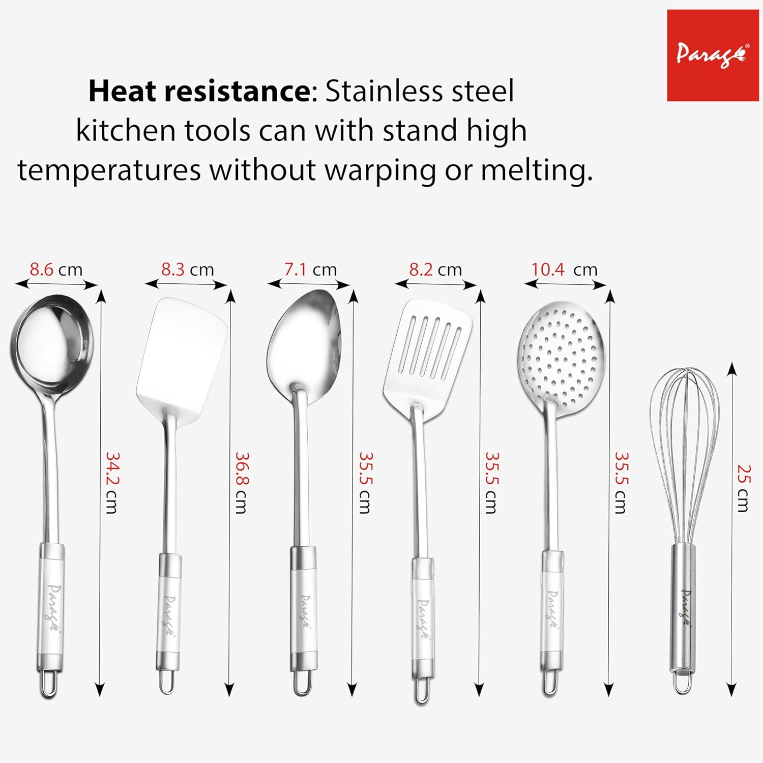 6-Piece Stainless Steel Kitchen Tools Set | Basting Spoon, Ladle, Slotted Turner, Skimmer, Spatula & Egg Whisk (Silver)