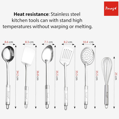 6-Piece Stainless Steel Kitchen Tools Set | Basting Spoon, Ladle, Slotted Turner, Skimmer, Spatula & Egg Whisk (Silver)