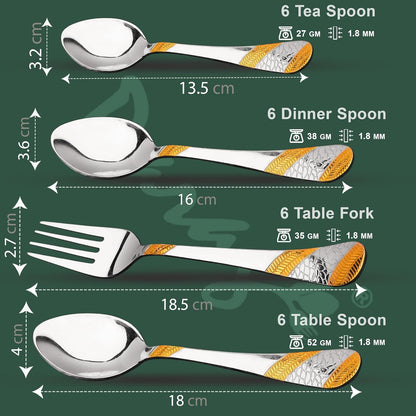 25-Piece Luxury Stainless Steel Golden Cutlery Set | 24K Gold Plated Spoons & Forks, Stand Included - Home & Dining TablePPSAPIMPLG1 2