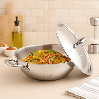 Tripure Triply Stainless Steel Kadai with Lid 26 cm, 3.2L | Induction & Gas Compatible TPKADHAI26CM 1