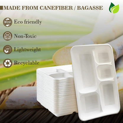 25pc 5-Compartment Bagasse Meal Trays | Eco-Friendly | White5CPBAGASSEPLATE251 3