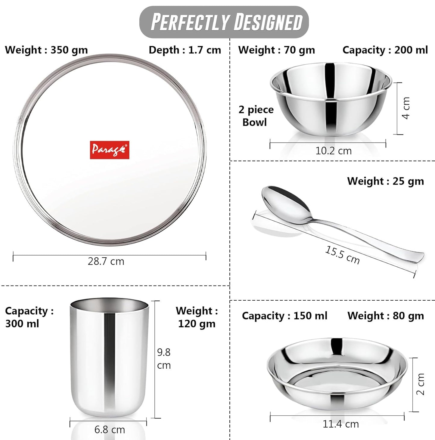 6pc Stainless Steel Dinner Set | Thali Heavy Gauge | Silver6PCDSPL1 2
