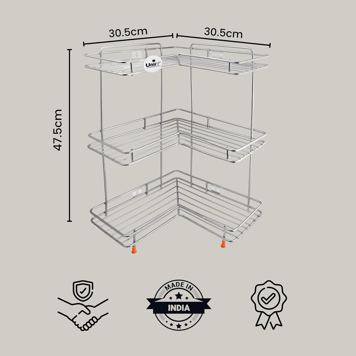 3-Tier Stainless Steel L-Corner Shelf Rack | Multipurpose Organizer for Kitchen & Bathroom, 31×31×46 cm (Silver/Chrome) L3cornerstand 2