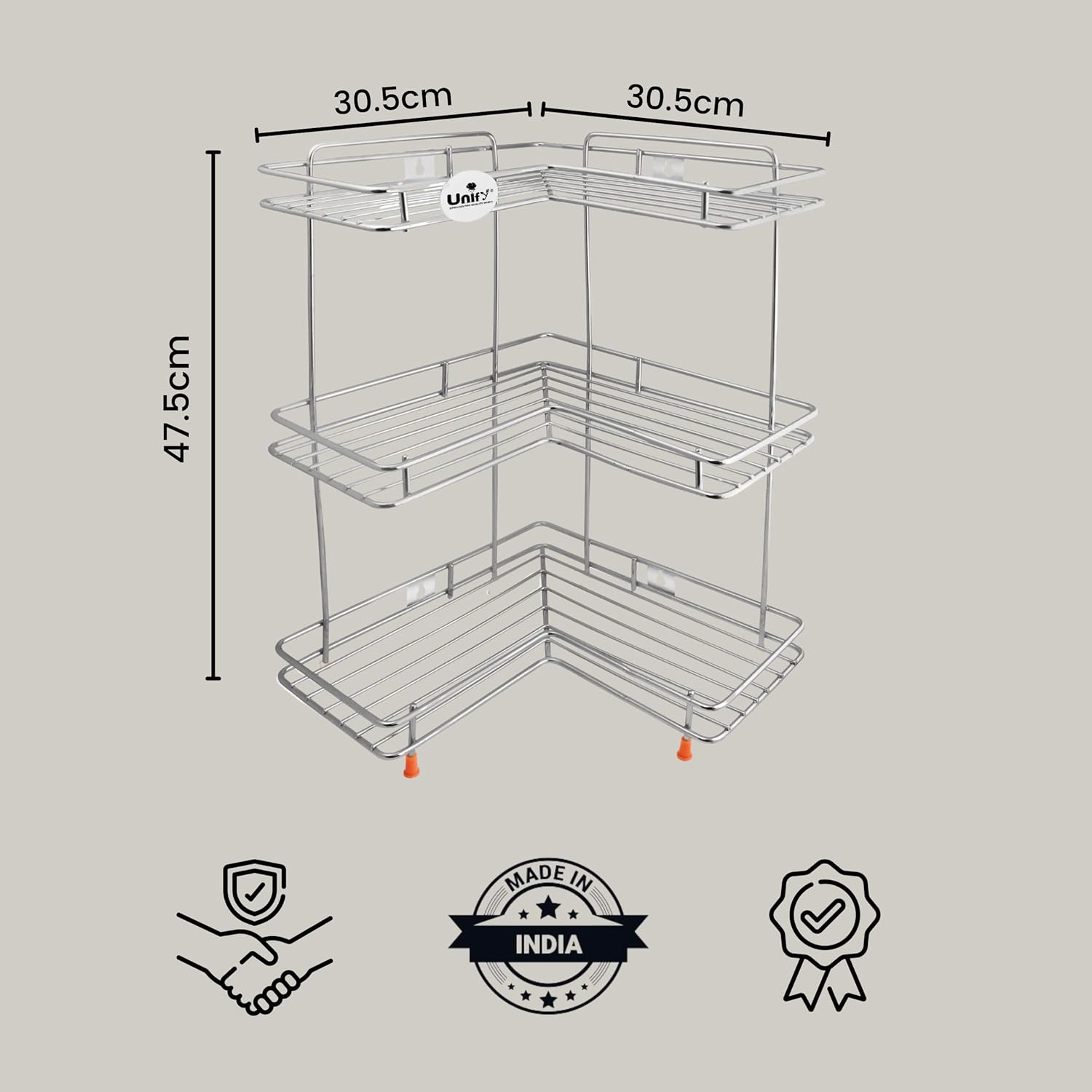3-Tier Stainless Steel L-Corner Shelf Rack | Multipurpose Organizer for Kitchen & Bathroom, 31×31×46 cm (Silver/Chrome) L3cornerstand 2