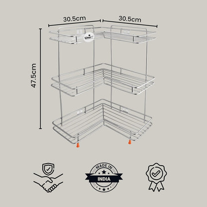 3-Tier Stainless Steel L-Corner Shelf Rack | Multipurpose Organizer for Kitchen & Bathroom, 31×31×46 cm (Silver/Chrome) L3cornerstand 2