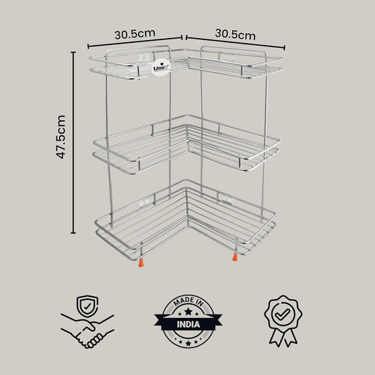 3-Tier Stainless Steel L-Corner Shelf Rack | Multipurpose Organizer for Kitchen & Bathroom, 31×31×46 cm (Silver/Chrome)