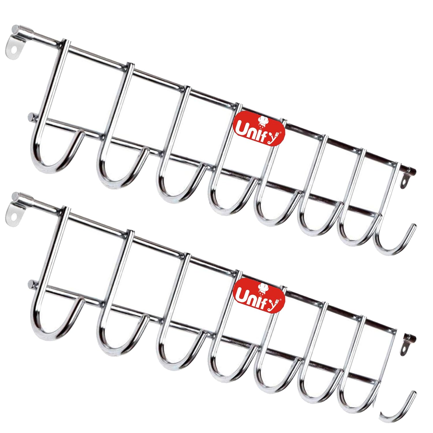 2-Piece Stainless Steel Wall Cloth Hanger with 8 Hooks | Bathroom & Kitchen (Silver) 8HOOKRAIL2 1