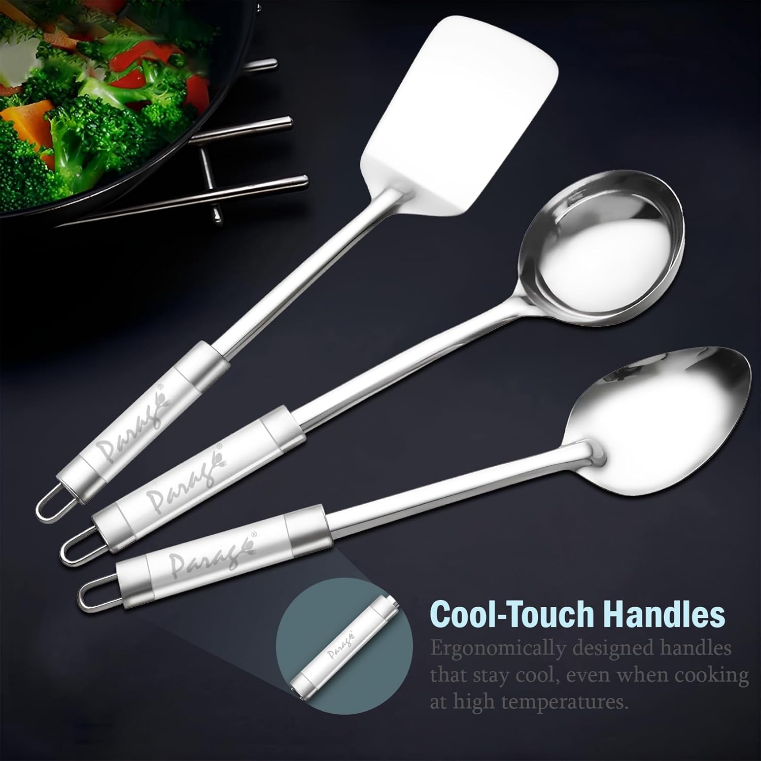 3-Piece Stainless Steel Kitchen Tools Set | Basting Spoon, Ladle & Turner with Dual Tone Handles, Silver Finish - Cooking & Serving