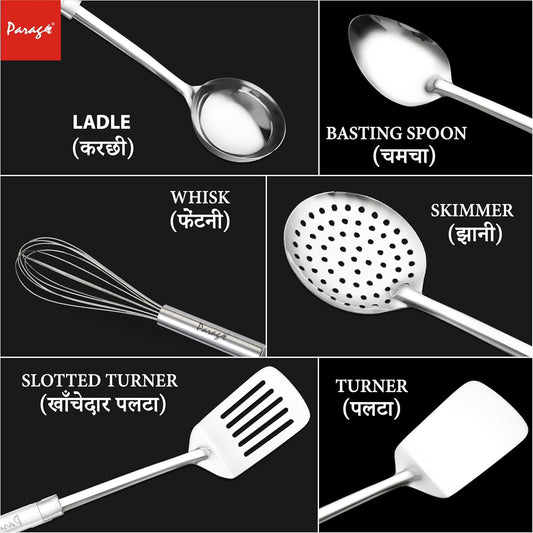 6-Piece Stainless Steel Kitchen Tools Set | Basting Spoon, Ladle, Slotted Turner, Skimmer, Spatula & Egg Whisk (Silver)