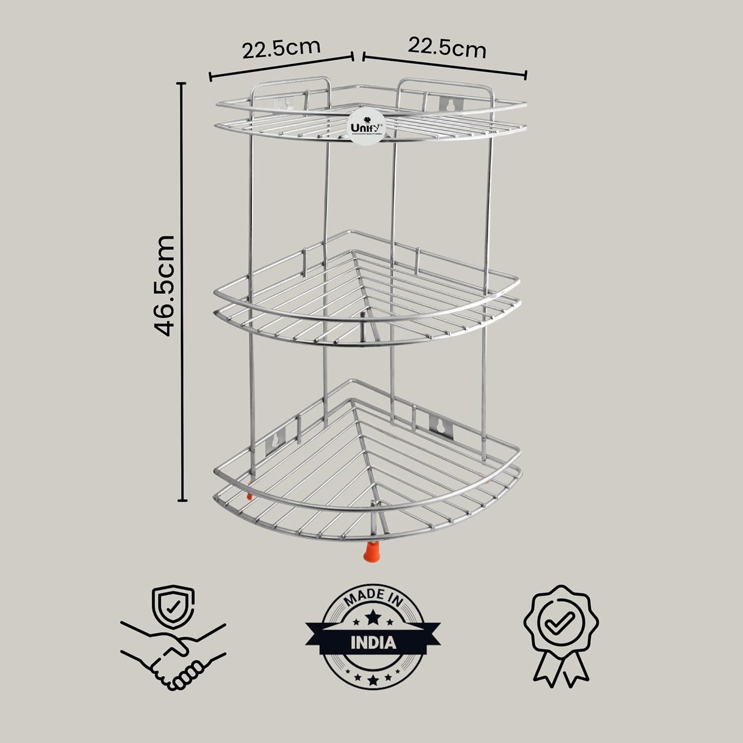 3-Tier Stainless Steel Kitchen Rack | Multipurpose Organizer & Corner Shelf for Kitchen & Bathroom, 23×23×48 cm (Chrome)93cornerstand1 2