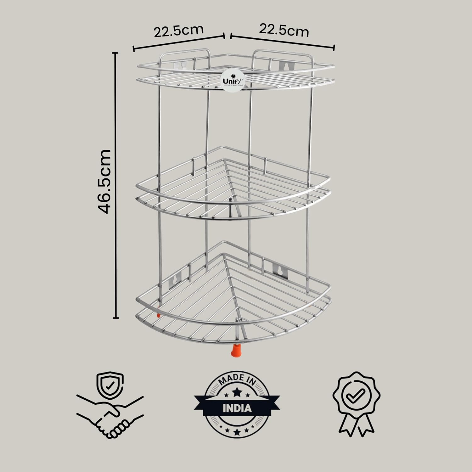 3-Tier Stainless Steel Kitchen Rack | Multipurpose Organizer & Corner Shelf for Kitchen & Bathroom, 23×23×48 cm (Chrome)93cornerstand1 2