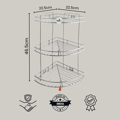 3-Tier Stainless Steel Kitchen Rack | Multipurpose Organizer & Corner Shelf for Kitchen & Bathroom, 23×23×48 cm (Chrome)93cornerstand1 2