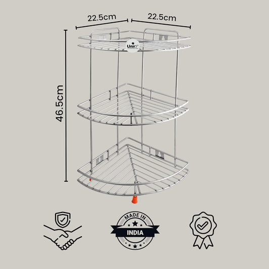 3-Tier Stainless Steel Kitchen Rack | Multipurpose Organizer & Corner Shelf for Kitchen & Bathroom, 23×23×48 cm (Chrome)