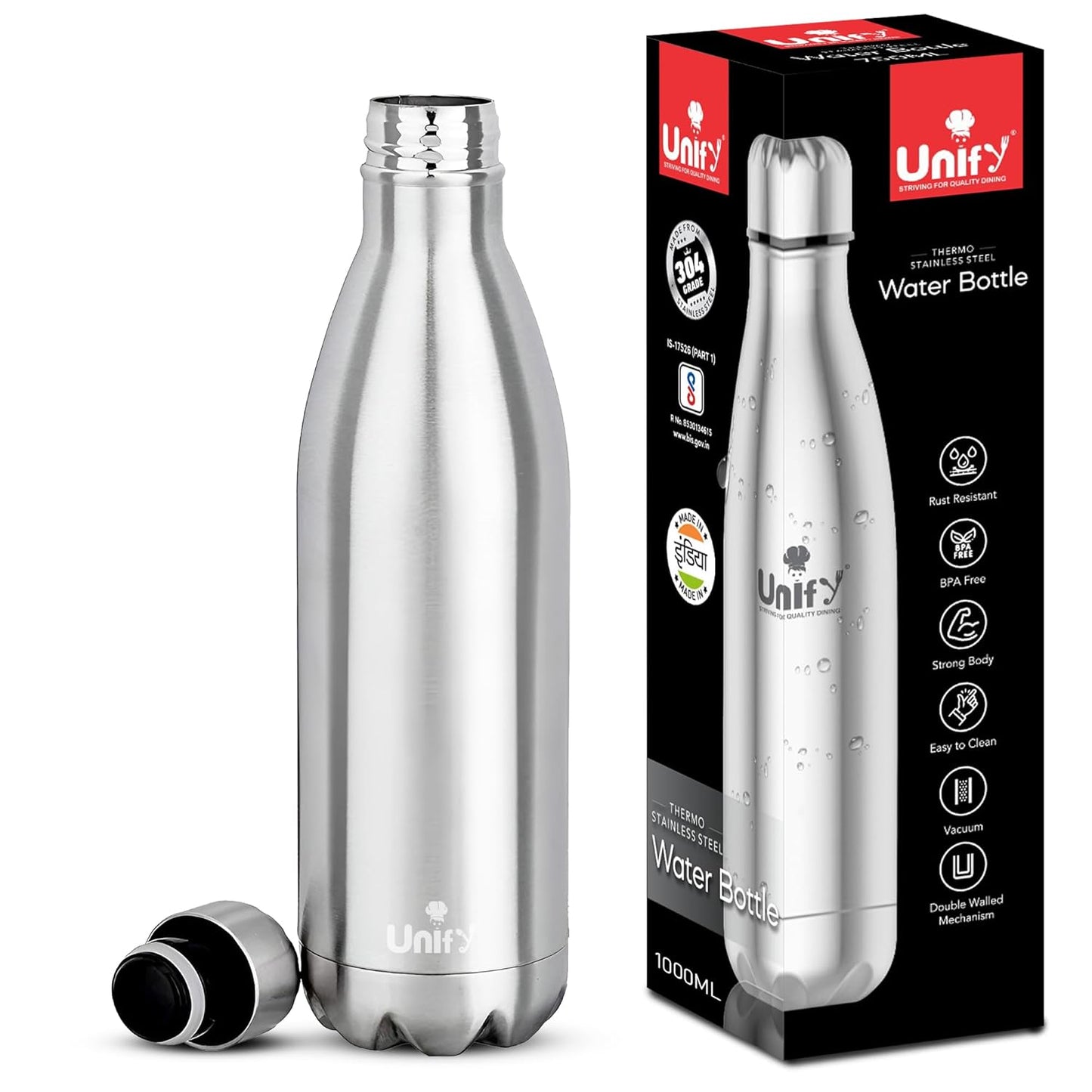 Thermosteel Hot & Cold Water Bottle 1000ml | 304 SS Vacuum Flask, 24 Hrs Hot & Cold, Leak & Rust Proof THERMO1000ML 1