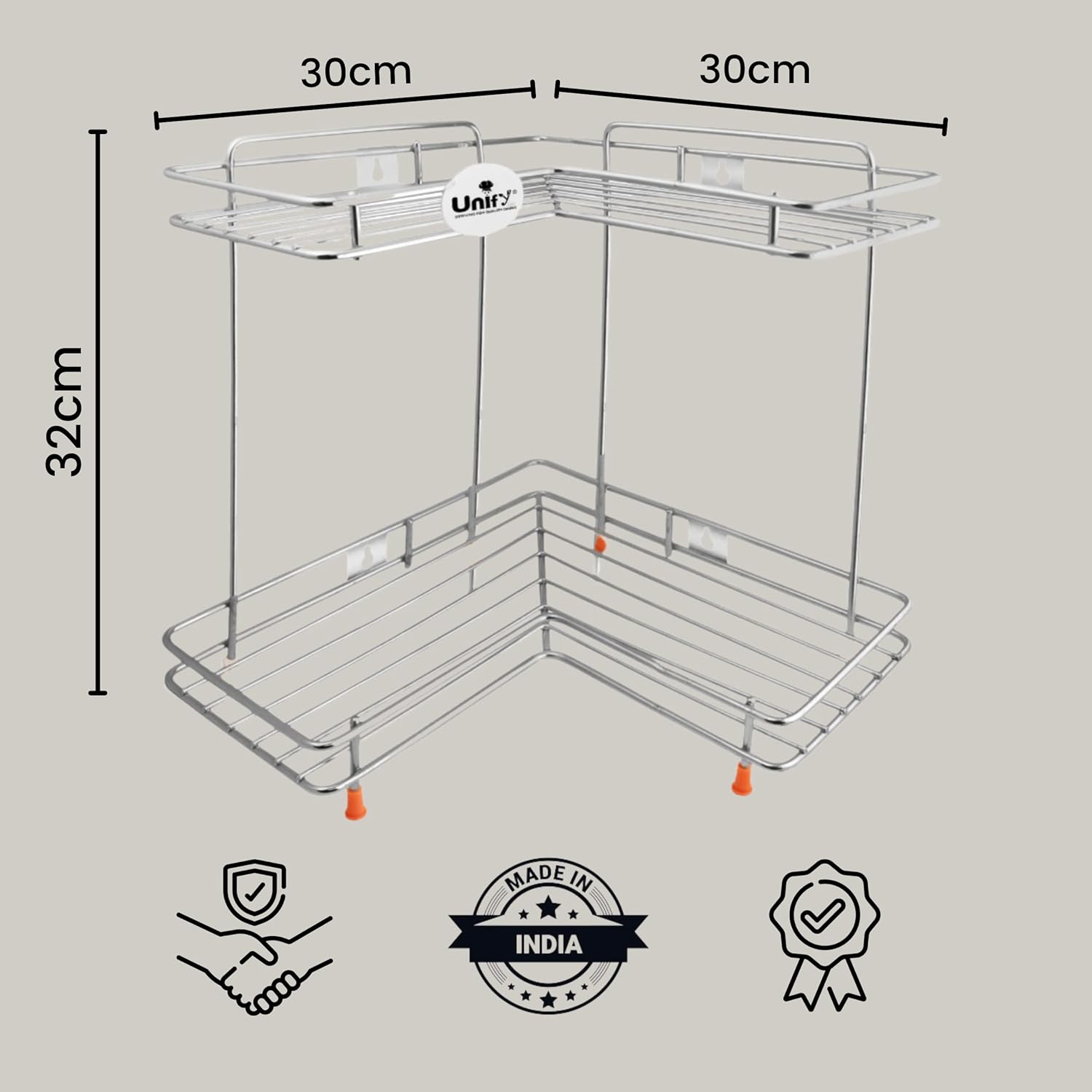 2-Tier Stainless Steel L-Corner Shelf Rack – 31×31×33cm, Chrome FinishL2cornerstand1 2