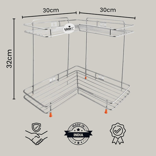 2-Tier Stainless Steel L-Corner Shelf Rack – 31×31×33cm, Chrome Finish