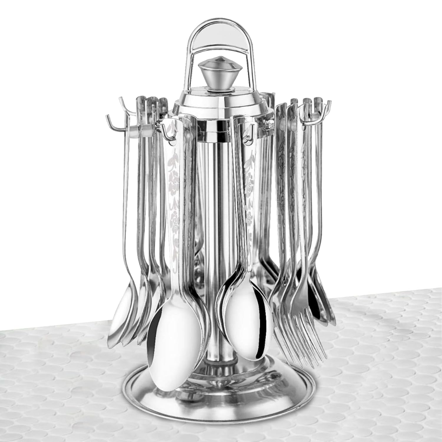 25 Pcs Stainless Steel Cutlery Set with Stand for Home & Kitchen | Silver Tableware SHAGUN1080PARAG 1