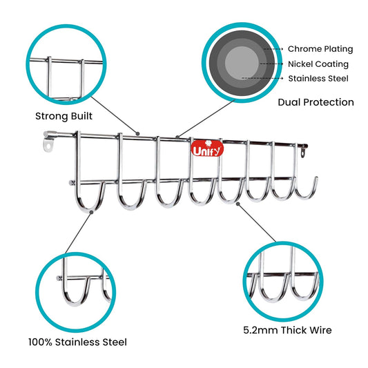 Stainless Steel Wall Cloth Hanger | 8 Hook Door Mounted Rack Silver