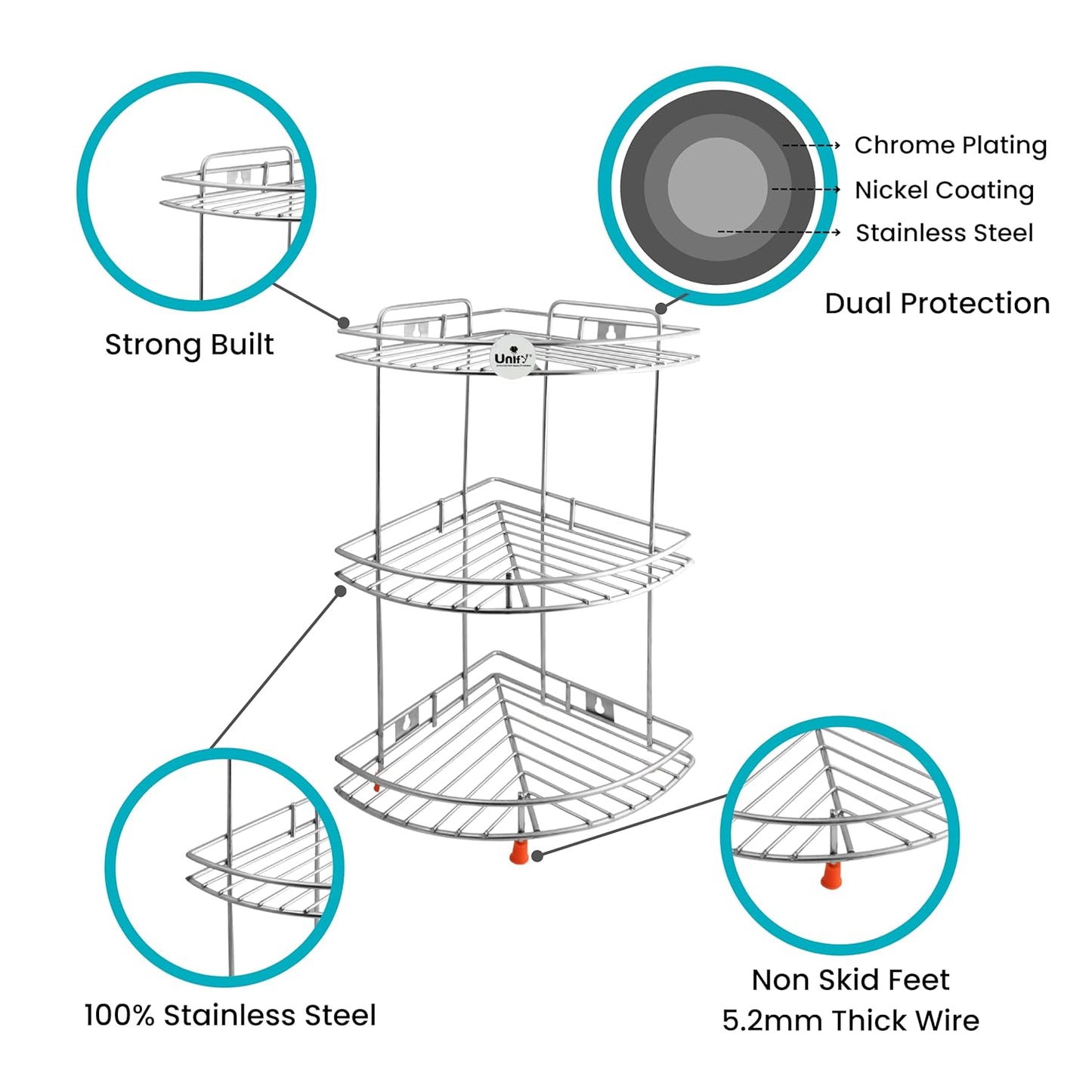 3-Tier Stainless Steel Kitchen Rack | Multipurpose Organizer & Corner Shelf for Kitchen & Bathroom, 23×23×48 cm (Chrome)93cornerstand1 3