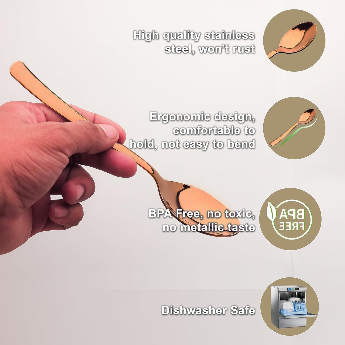 6-Piece Stainless Steel Rose Gold Table Spoon Set | 18cm Premium Large Spoons, Luxury Tableware & Housewarming Gift