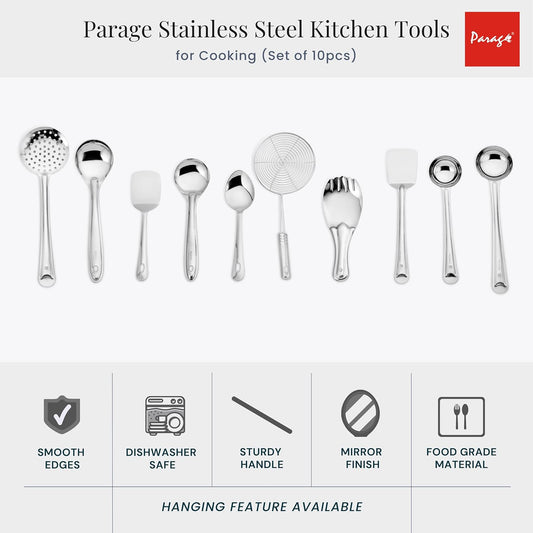 10-Piece Stainless Steel Cooking Spoons Set | Ladle, Turner, Strainer, Rice & Serving Spoons