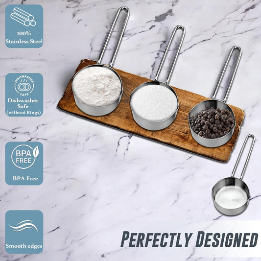 4 Pcs Stainless Steel Measuring Cups - Stackable Professional Set with Wire Handles for Dry & Liquid Ingredients, Cooking & Baking, Kitchen Gadgets