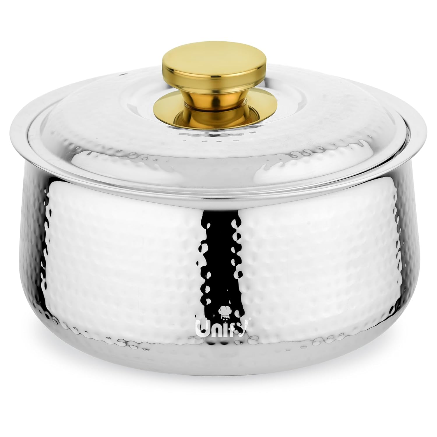 Inox Stainless Steel Insulated Casserole 2200ml | PVD Gold Handle Hot Pot | Hammered Finish, Silver INOX-2200ML 1