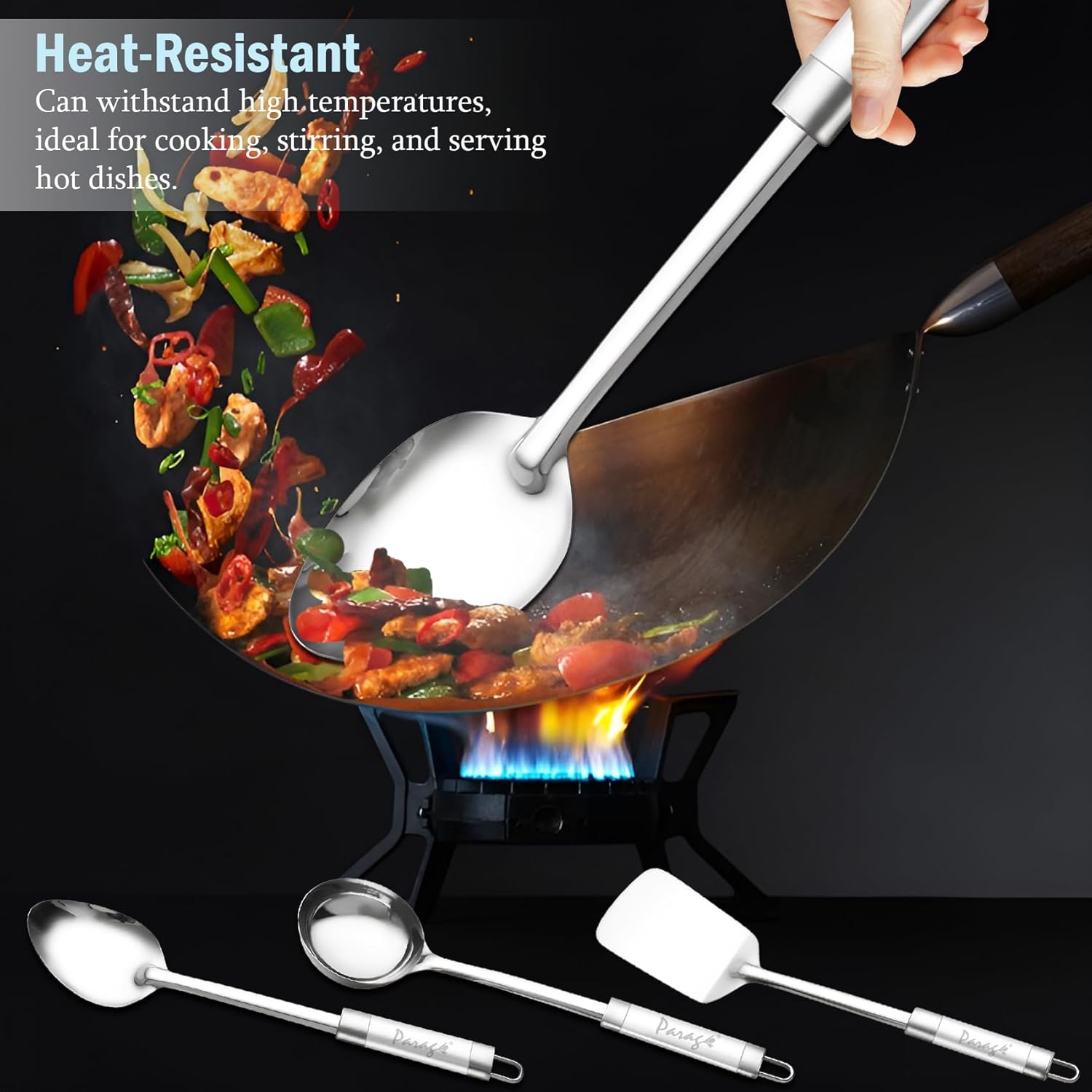 3-Piece Stainless Steel Kitchen Tools Set | Basting Spoon, Ladle & Turner with Dual Tone Handles, Silver Finish - Cooking & Serving