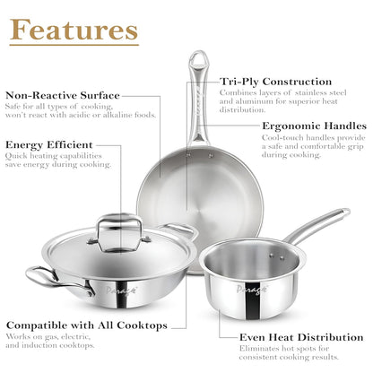 Stainless Steel Cookware Set | 24cm Kadhai with Lid, 24cm Frypan & 16cm Saucepan, Induction & Gas Compatible, Even Heat, Dishwasher Safe, 5-Year WarrantyTPCOMBO41 3