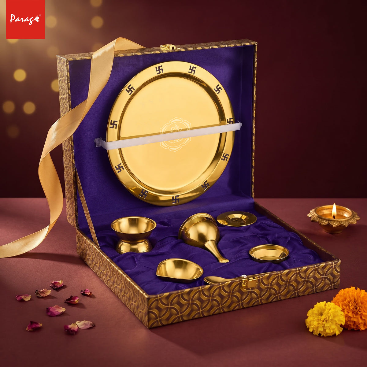Parage 7 Pcs Stainless Steel Gold Pooja Thali Set with Velvet Gift Box, Puja Samagri Kit Includes Thali, Kalash, Diya, Bell, Incense Holder, Bowl, Spoon|Home Mandir, Wedding, Diwali Housewarming Gift