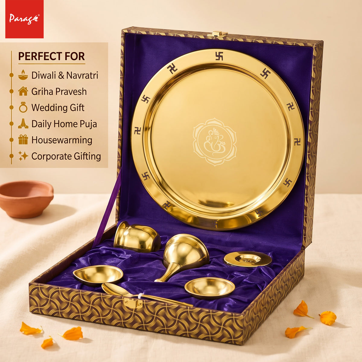 Parage 7 Pcs Stainless Steel Gold Pooja Thali Set with Velvet Gift Box, Puja Samagri Kit Includes Thali, Kalash, Diya, Bell, Incense Holder, Bowl, Spoon|Home Mandir, Wedding, Diwali Housewarming Gift
