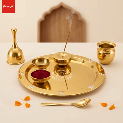 Parage 7 Pcs Stainless Steel Gold Pooja Thali Set with Velvet Gift Box, Puja Samagri Kit Includes Thali, Kalash, Diya, Bell, Incense Holder, Bowl, Spoon|Home Mandir, Wedding, Diwali Housewarming Gift