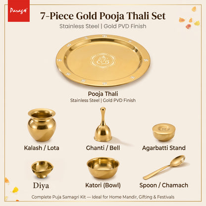Parage 7 Pcs Stainless Steel Gold Pooja Thali Set with Velvet Gift Box, Puja Samagri Kit Includes Thali, Kalash, Diya, Bell, Incense Holder, Bowl, Spoon|Home Mandir, Wedding, Diwali Housewarming Gift