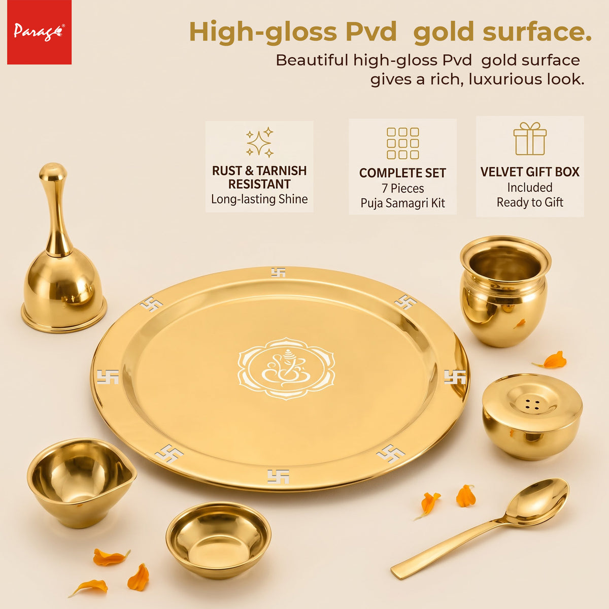 Parage 7 Pcs Stainless Steel Gold Pooja Thali Set with Velvet Gift Box, Puja Samagri Kit Includes Thali, Kalash, Diya, Bell, Incense Holder, Bowl, Spoon|Home Mandir, Wedding, Diwali Housewarming Gift