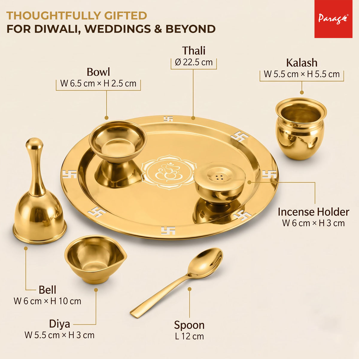 Parage 7 Pcs Stainless Steel Gold Pooja Thali Set with Velvet Gift Box, Puja Samagri Kit Includes Thali, Kalash, Diya, Bell, Incense Holder, Bowl, Spoon|Home Mandir, Wedding, Diwali Housewarming Gift