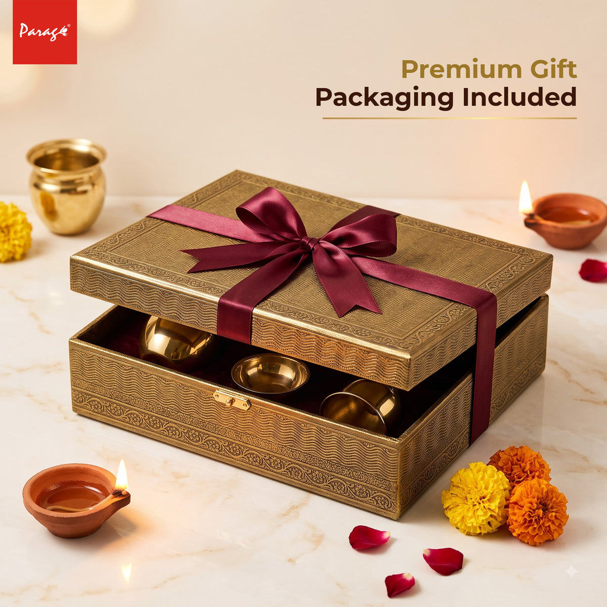 Parage 7 Pcs Stainless Steel Gold Pooja Thali Set with Velvet Gift Box, Puja Samagri Kit Includes Thali, Kalash, Diya, Bell, Incense Holder, Bowl, Spoon|Home Mandir, Wedding, Diwali Housewarming Gift