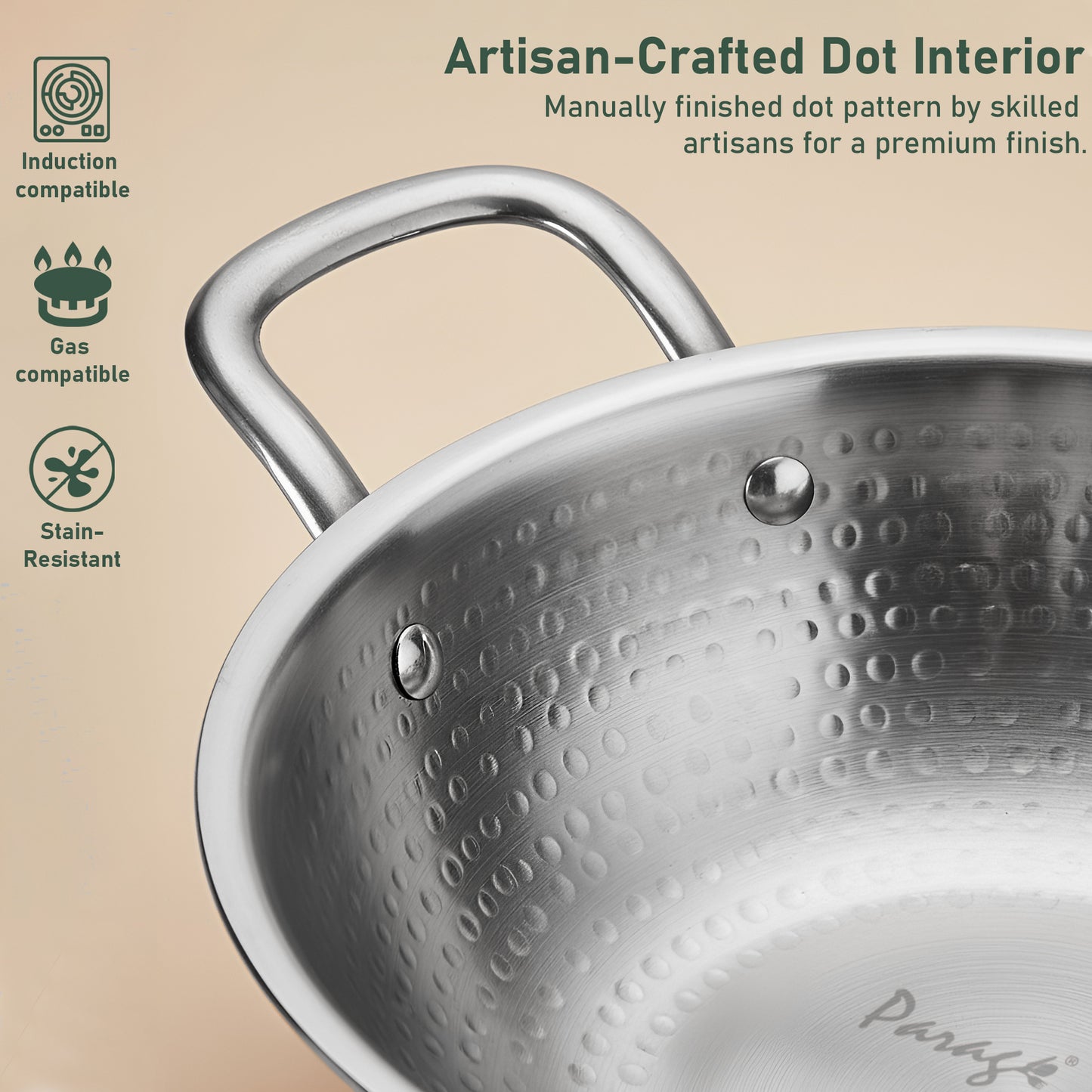 1 Piece Tripure Tri-Ply Hammered Stainless Steel Kadhai 24 cm | ISI Mark Certified | 2.6 LTR Deep Kadhai for Induction & Gas Stove | Even Heat Distribution, Non-Reactive, Heavy Bottom Cookware
