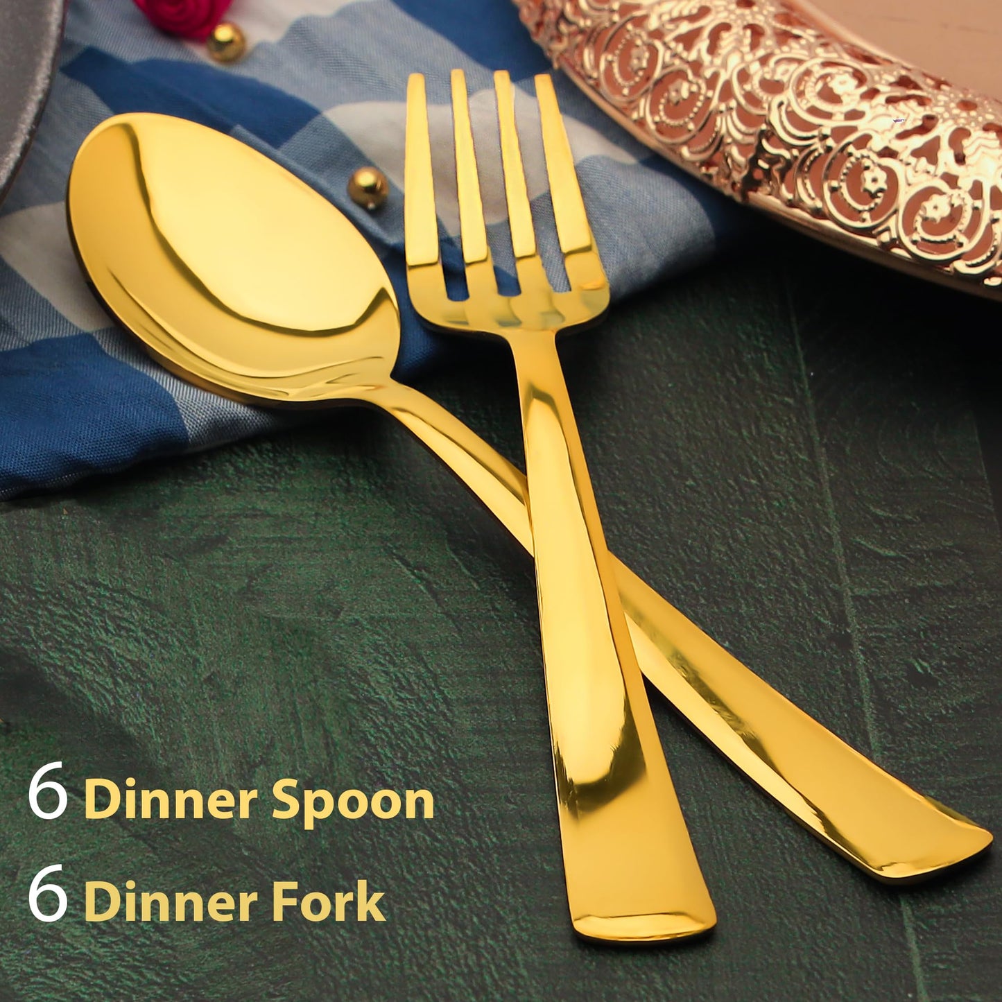 6 Pieces Stainless Steel Golden Spoon & Fork Set, 16 cm Each, Premium Cutlery Set for Home & Kitchen, PVD Gold Flatware, Elegant Dining (3 Dinner Spoons & 3 Dinner Forks)