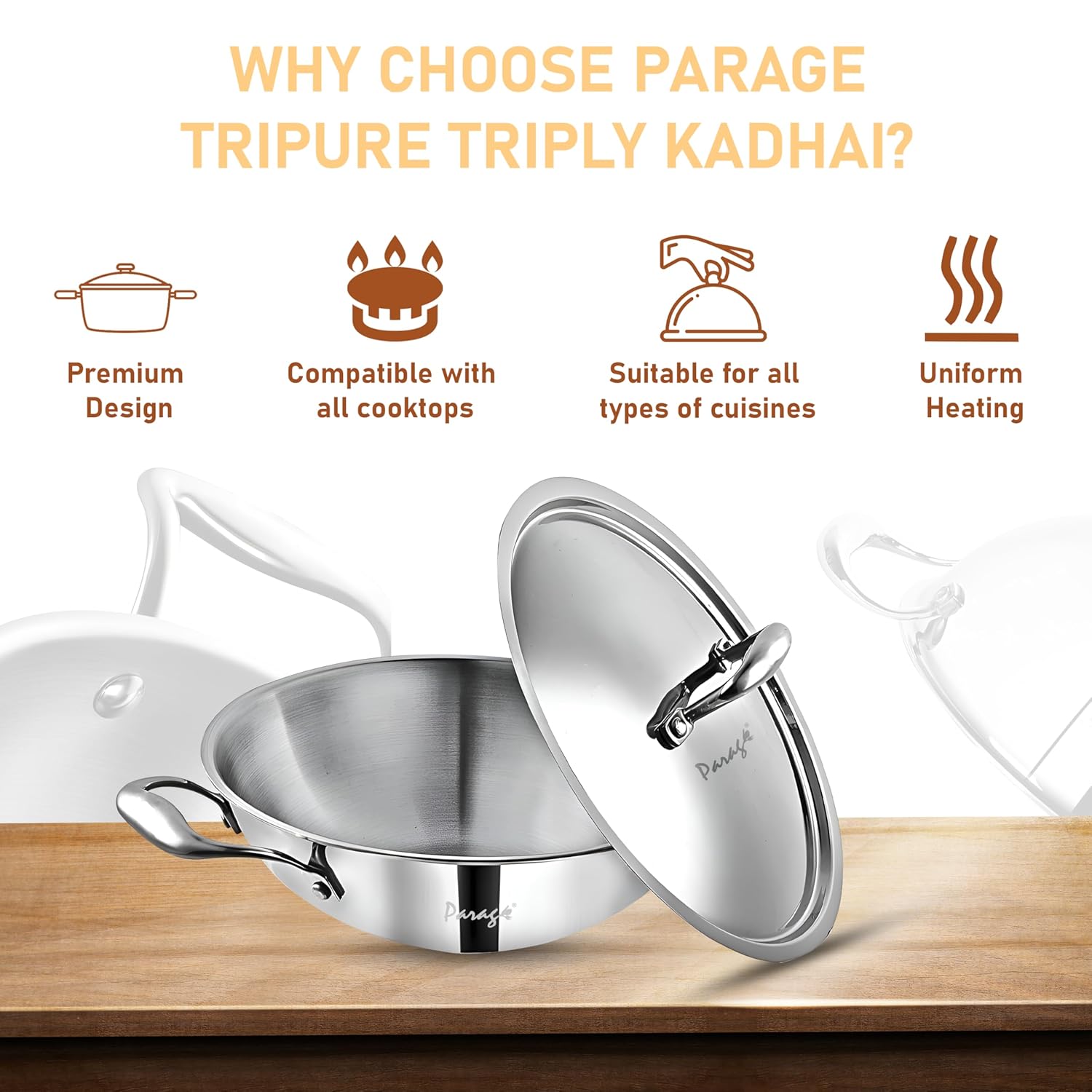 Tripure Triply Stainless Steel Kadai with Lid 26 cm, 3.2L | Induction & Gas Compatible TPKADHAI26CM 5