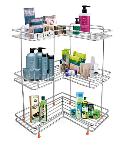 3-Tier Stainless Steel L-Corner Shelf Rack | Multipurpose Organizer for Kitchen & Bathroom, 31×31×46 cm (Silver/Chrome) L3cornerstand 4