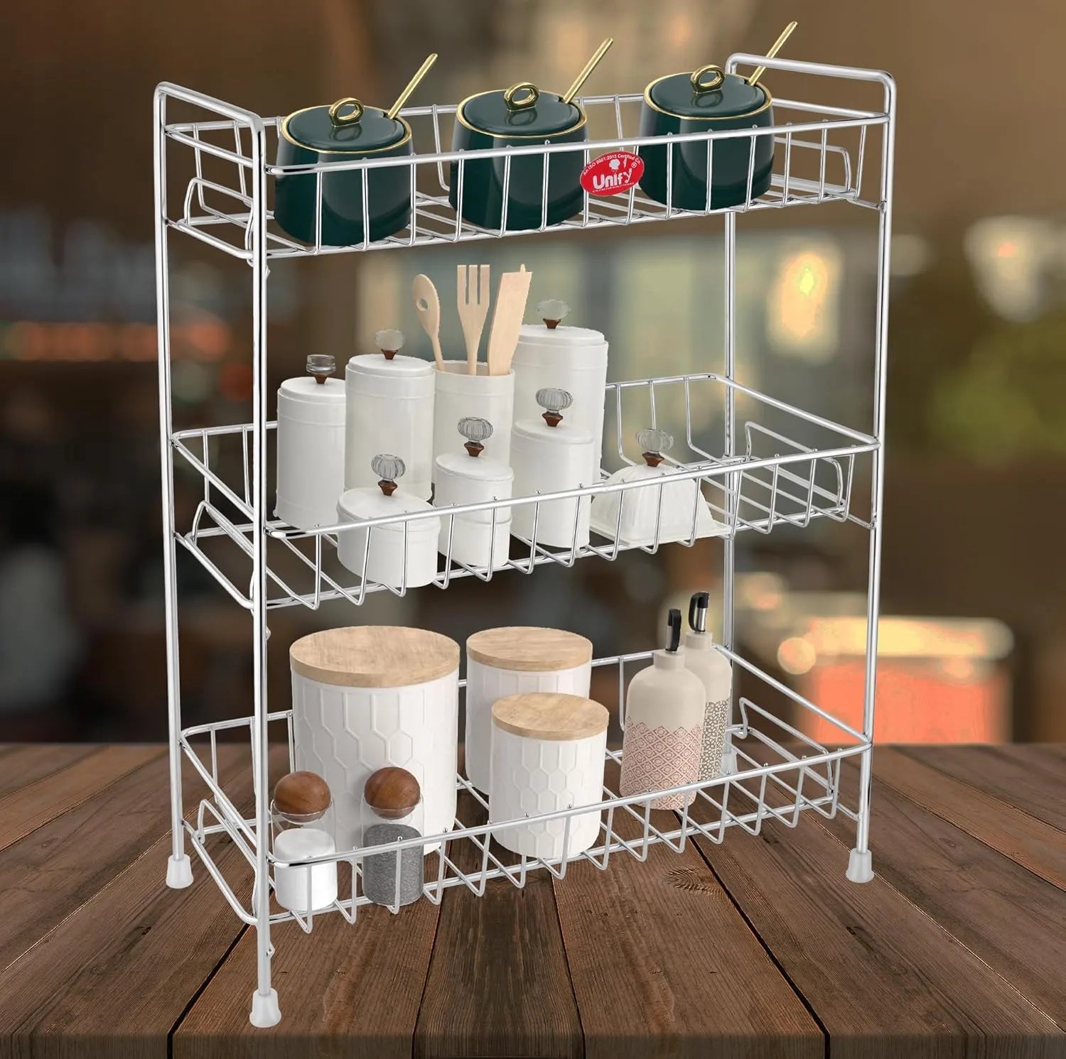 Stainless Steel 3-Tier Kitchen Spice Rack | Countertop Organizer with Shelf Liner (Chrome) RECT3SHELFC 1