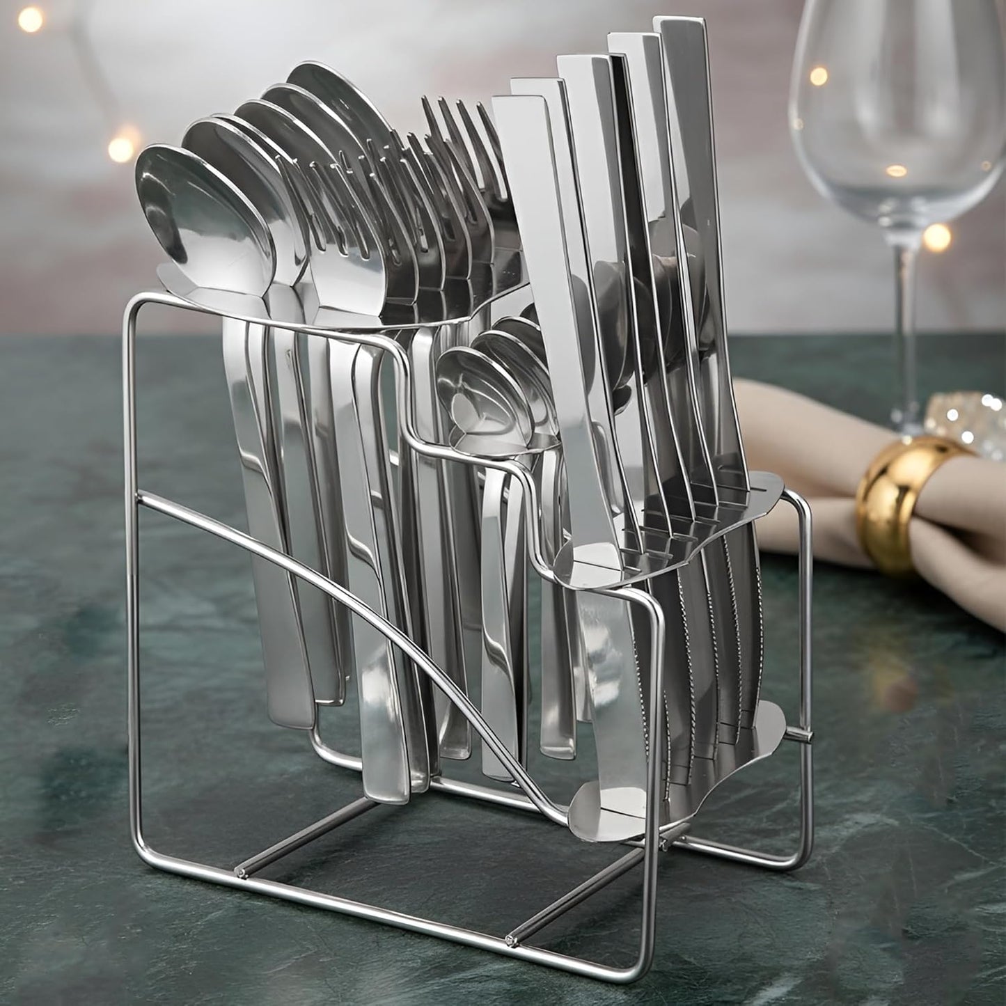 25-Piece Fantasy Stainless Steel Cutlery Set with Stand | Table Spoons, Tea Spoons, Forks & Knives (Silver) FNTSY1008PARAGK 1