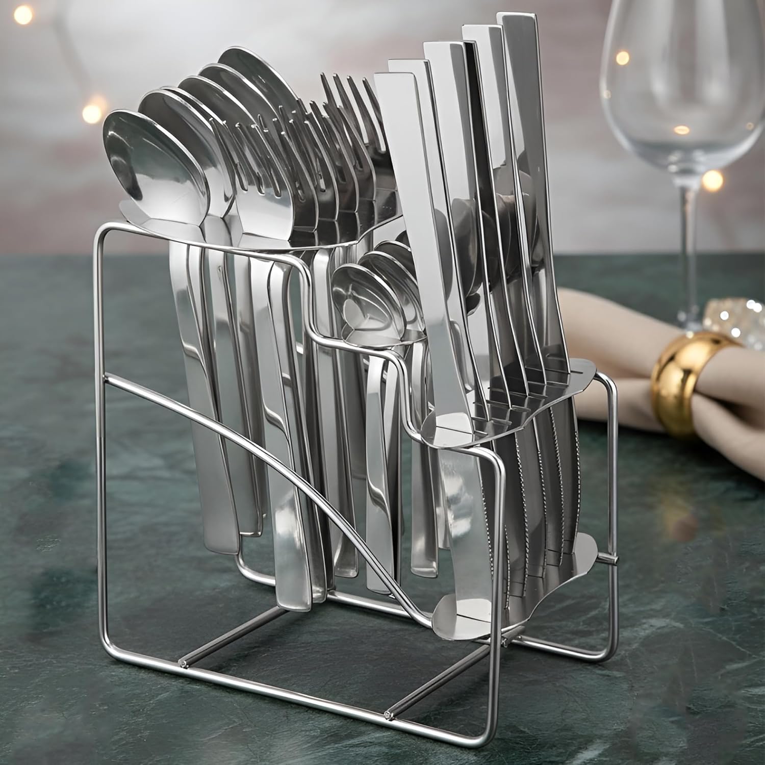25-Piece Fantasy Stainless Steel Cutlery Set with Stand | Table Spoons, Tea Spoons, Forks & Knives (Silver) FNTSY1008PARAGK 1