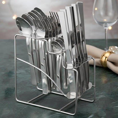 25-Piece Fantasy Stainless Steel Cutlery Set with Stand | Table Spoons, Tea Spoons, Forks & Knives (Silver) FNTSY1008PARAGK 1
