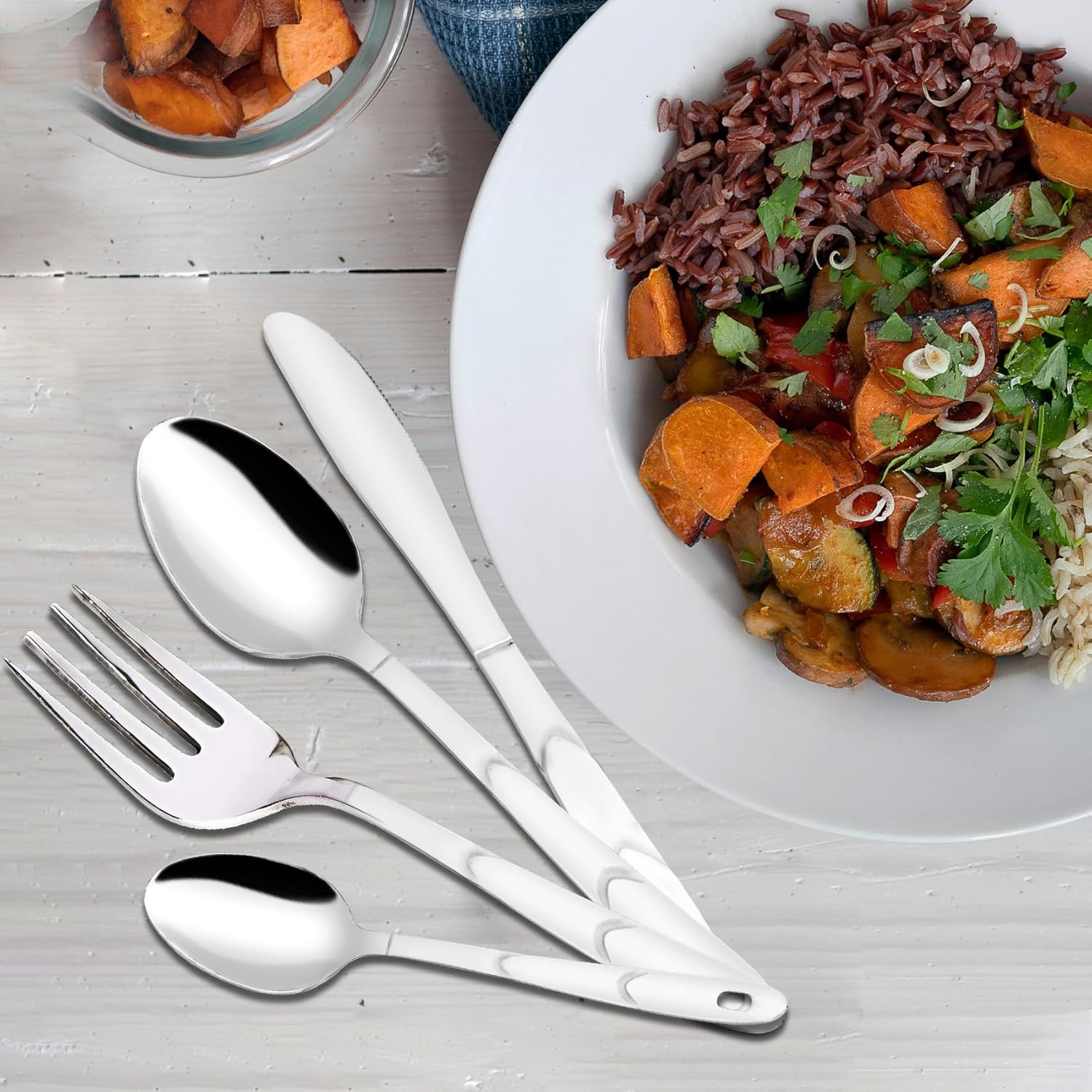 25 Pcs Stainless Steel Cutlery Set with Stand for Home & Kitchen | Silver Set GLORYPARAG 4