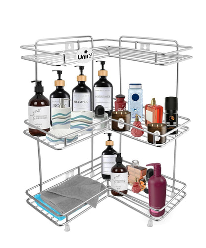 3-Tier Stainless Steel L-Corner Shelf Rack | Multipurpose Organizer for Kitchen & Bathroom, 31×31×46 cm (Silver/Chrome) L3cornerstand 1