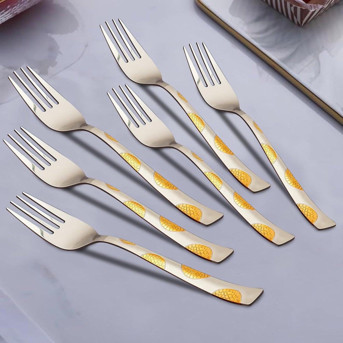 6-Piece Stainless Steel 24K Gold Forks Set, 16 cm | Premium Luxury Dining Cutlery, Moonpress Design, Ideal Gift for Home & Kitchen6PPMNPGOLDBF1 1